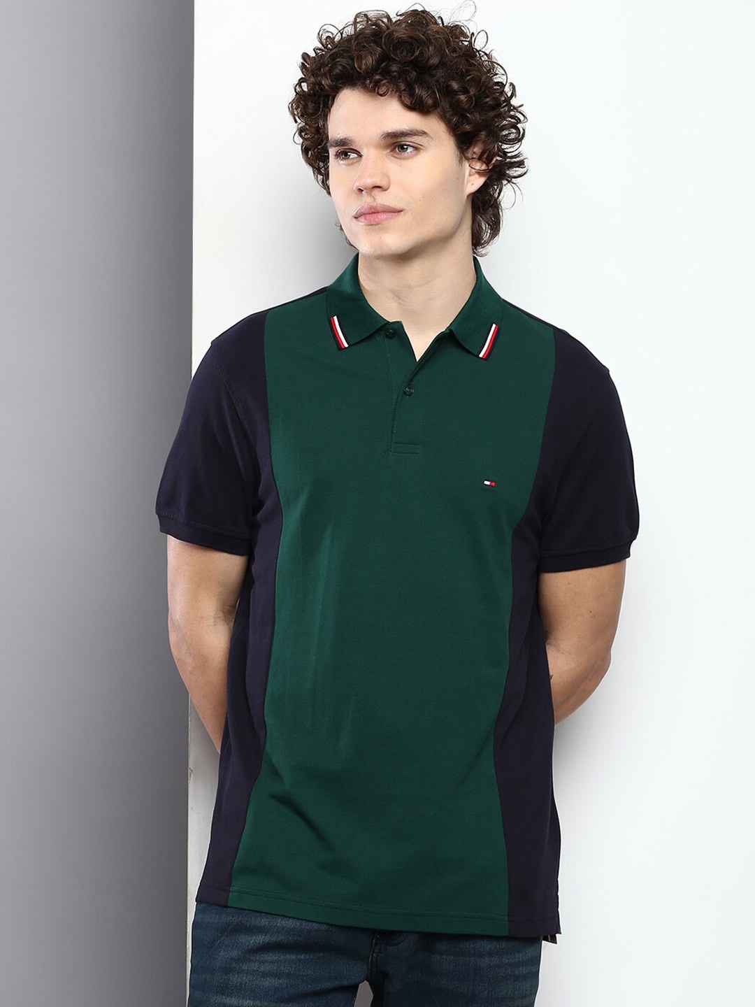 

Tommy Hilfiger Men Colourblocked Polo Collar Cotton T-shirt, Green