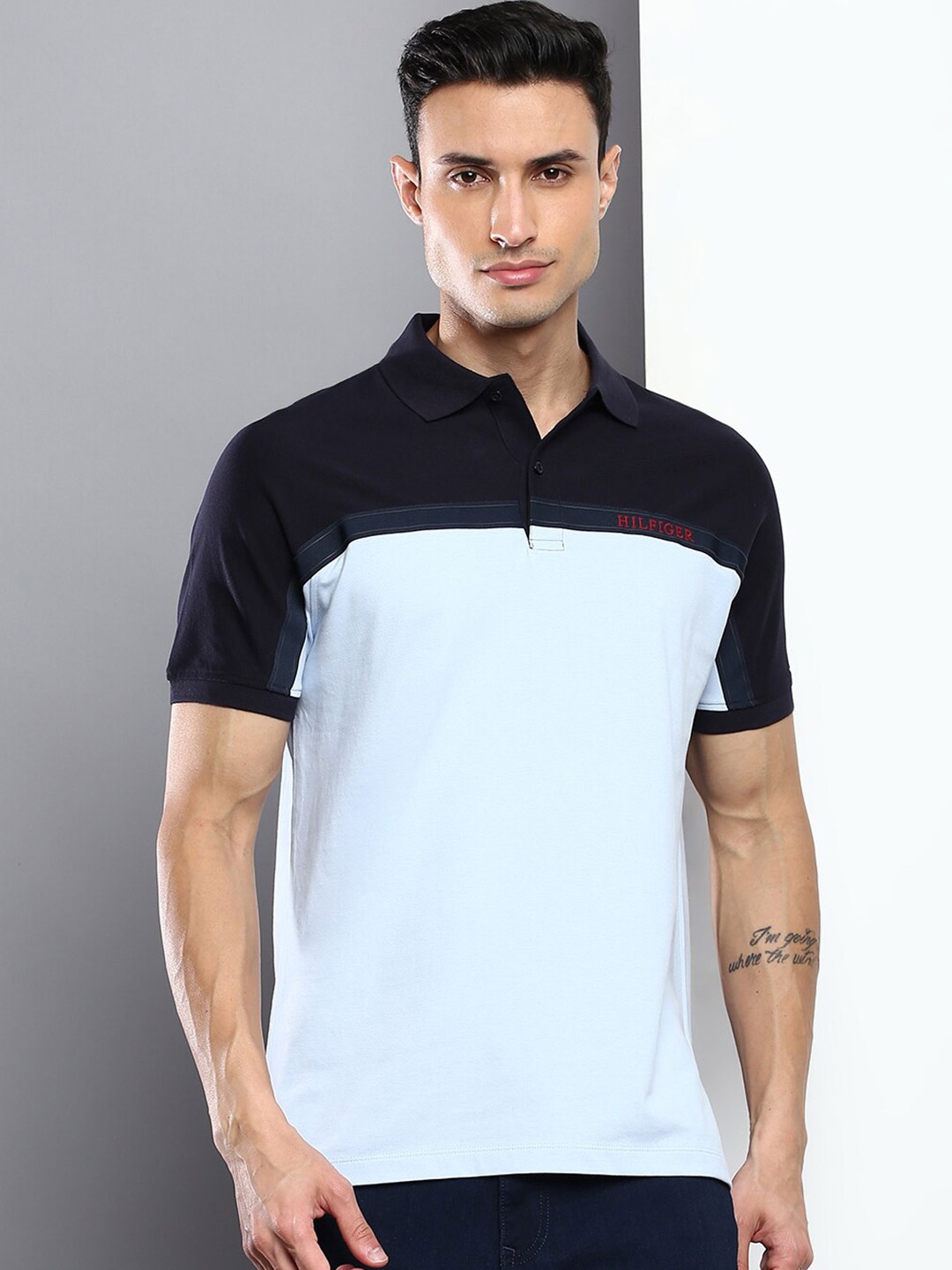 

Tommy Hilfiger Men Colourblocked Polo Collar Cotton T-shirt, Blue