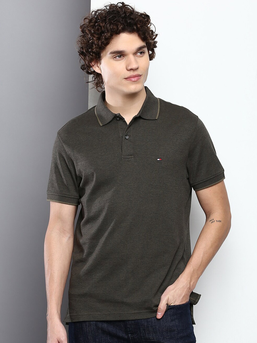 

Tommy Hilfiger Men Cotton Polo Collar Slim Fit T-shirt, Olive