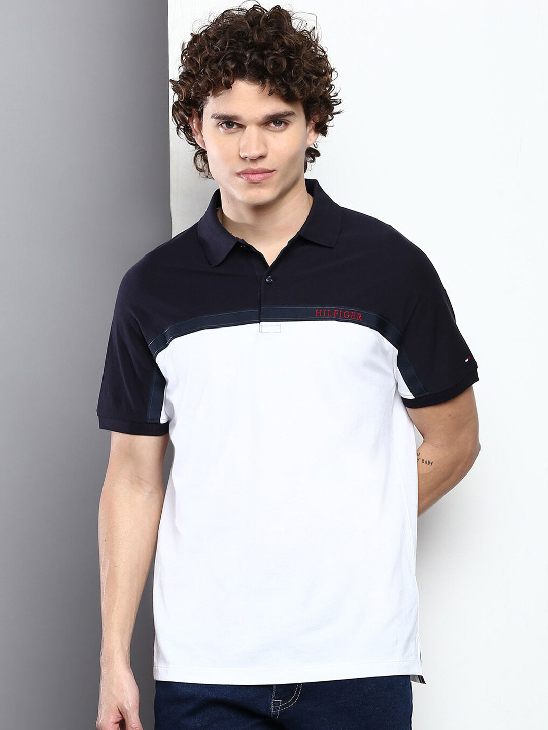 

Tommy Hilfiger Men Colourblocked Polo Collar Cotton T-shirt, Navy blue