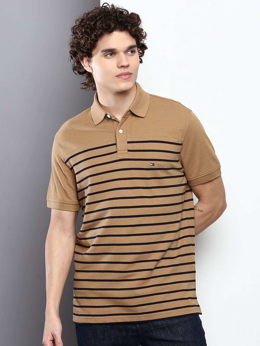 

Tommy Hilfiger Men Striped Cotton Polo Collar T-shirt, Brown