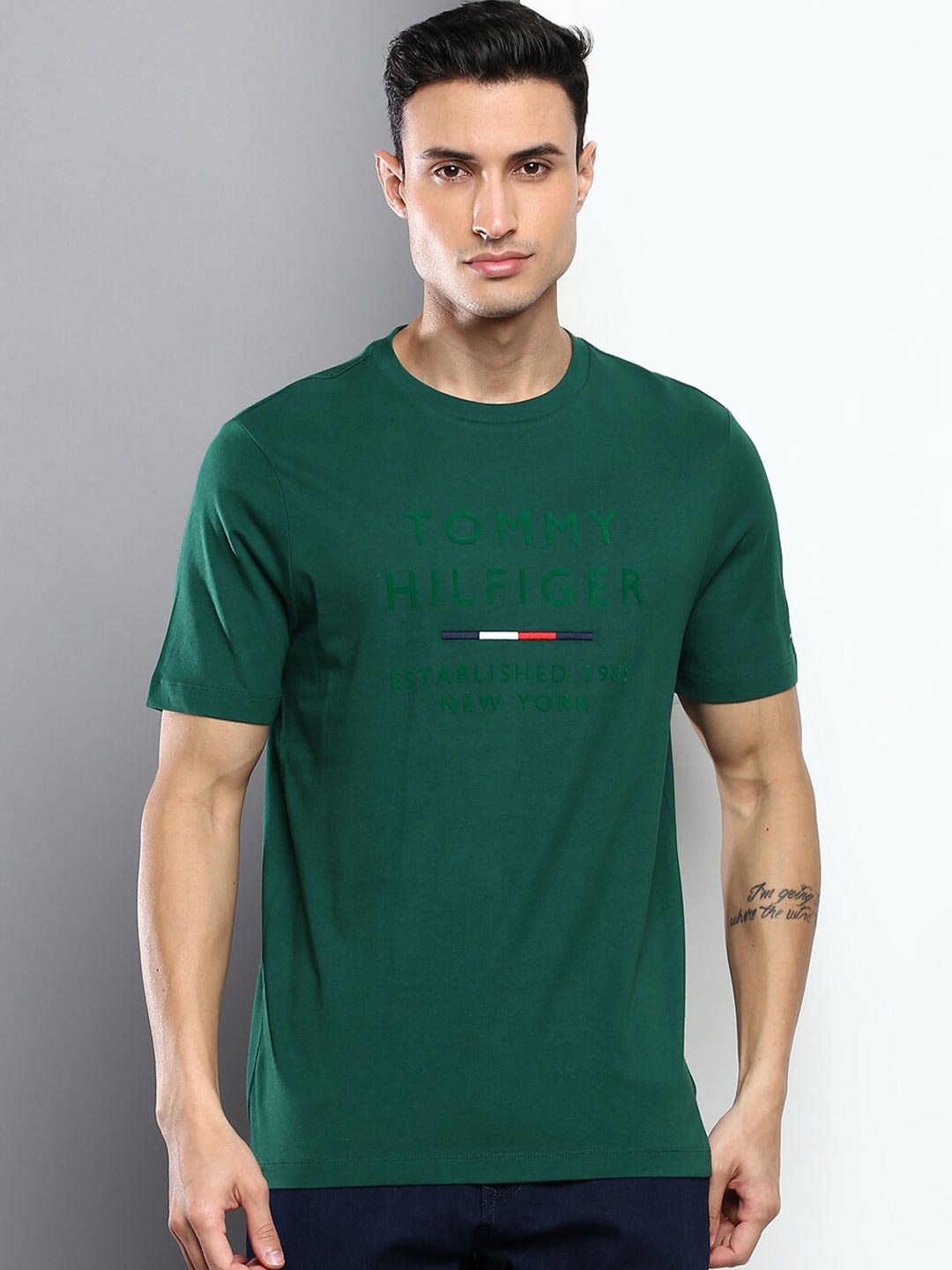 

Tommy Hilfiger Men Typography Printed Cotton T-shirt, Green