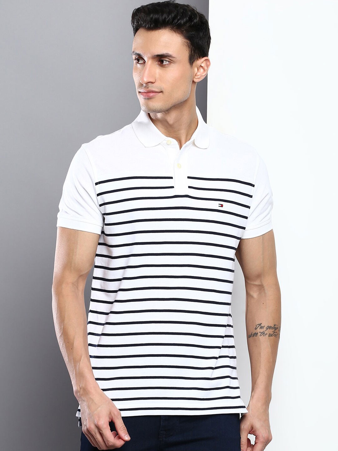

Tommy Hilfiger Men Striped Polo Collar Monochrome T-shirt, White