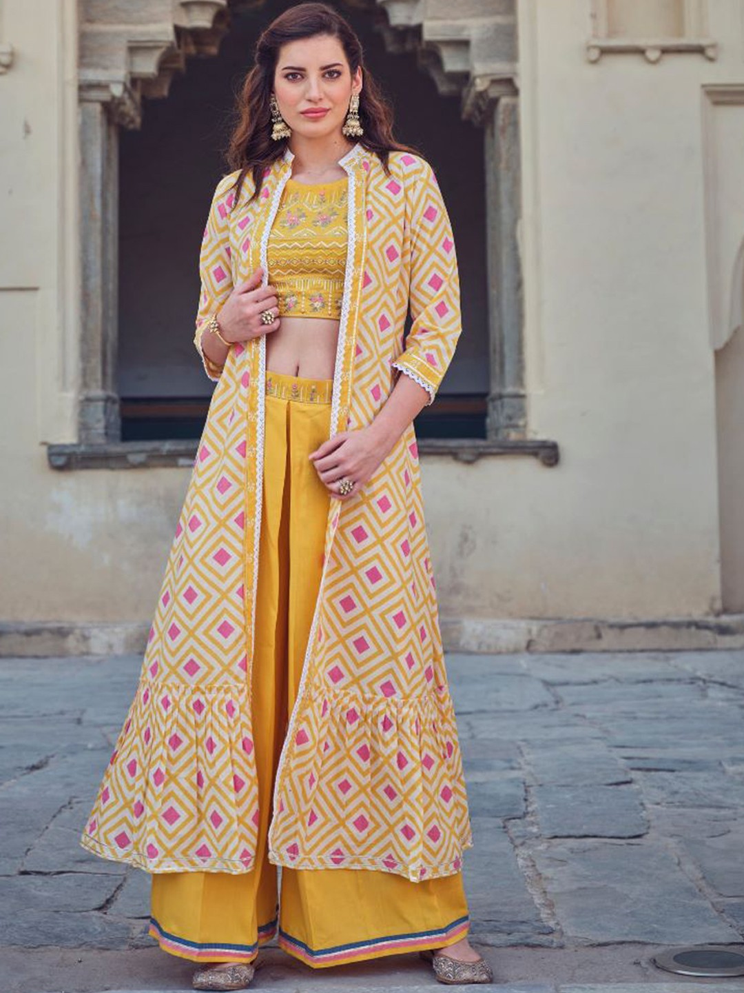 

AUTUMN LANE Embroidered Thread Work Top with Palazzos, Yellow