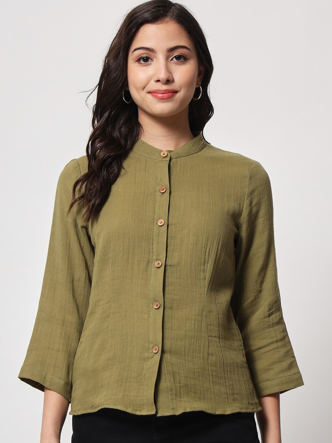 

CHARMGAL Mandarin Collar Shirt Style Top, Green