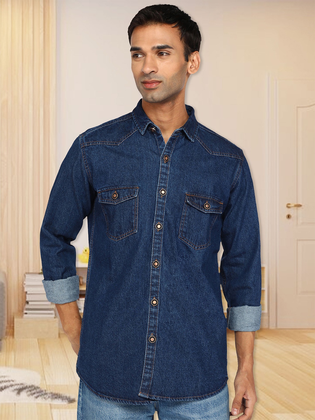 

Kuons Avenue Men Blue Smart Slim Fit Denim Faded Casual Shirt