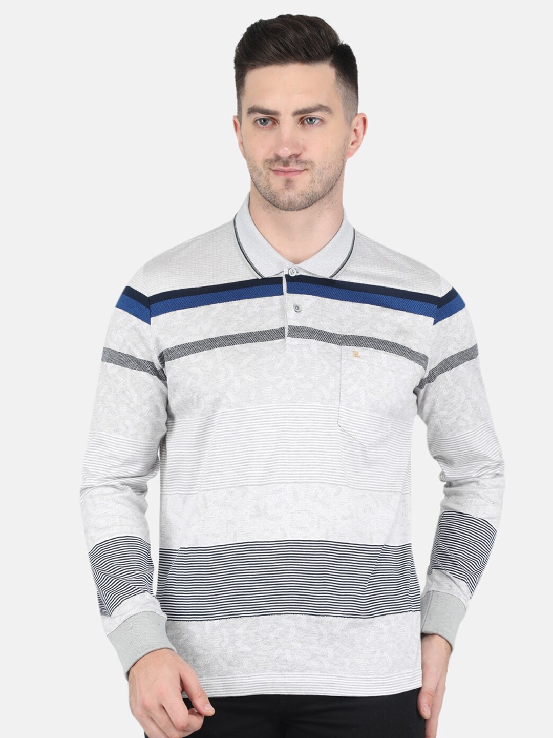 

Monte Carlo Men Striped Polo Collar T-shirt, Grey