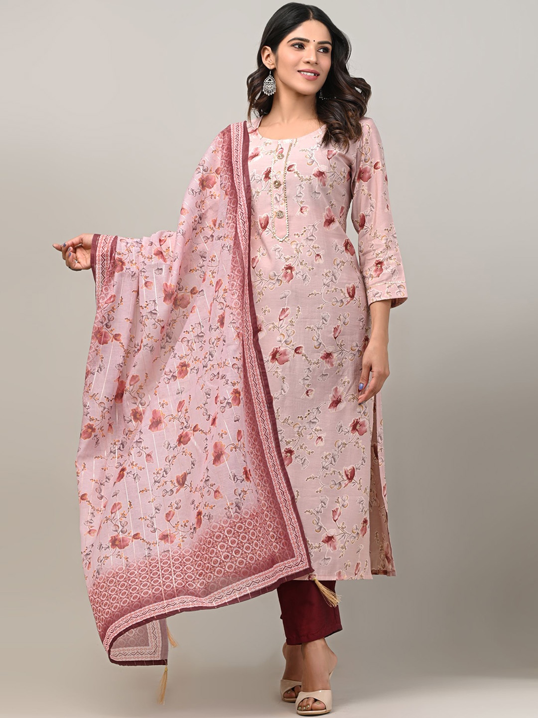 

DHRTI Floral Printed Chanderi Silk Kurta with Trousers & Dupatta, Pink
