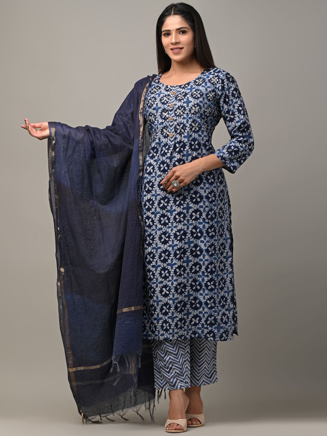 

DHRTI Printed Chanderi Silk Round Neck Kurta with Trousers & Dupatta, Navy blue