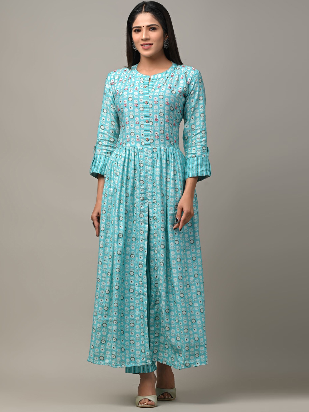 

DHRTI Floral Printed Chanderi Silk Kurta with Trousers, Turquoise blue