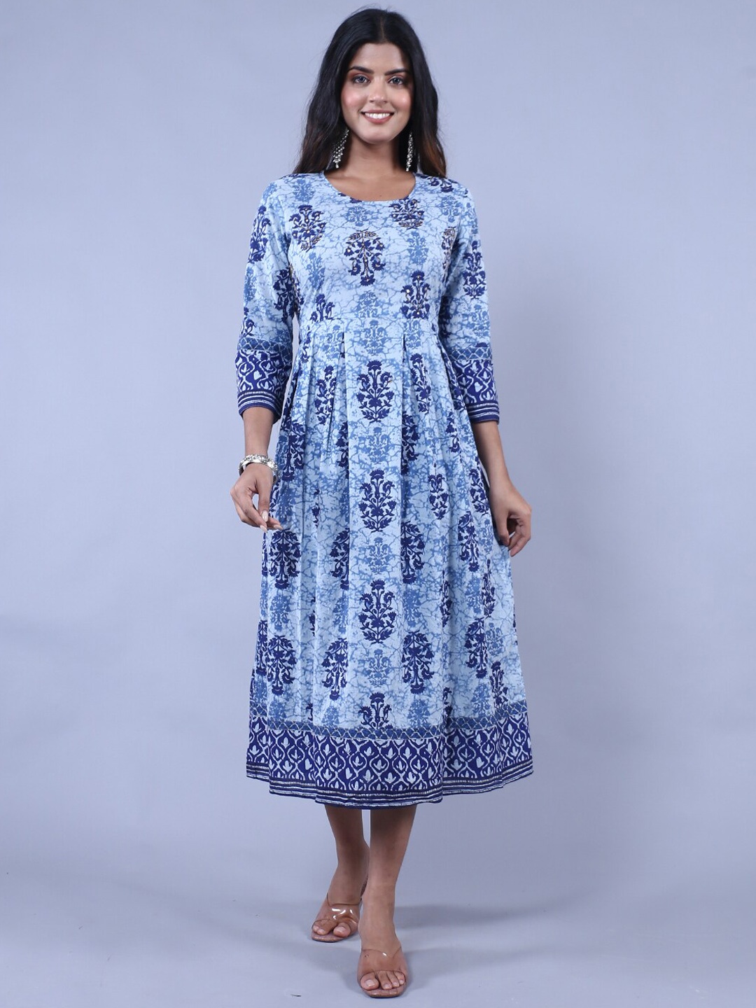 

HERE&NOW Women Printed Midi Cotton Ethnic Dresses, Blue