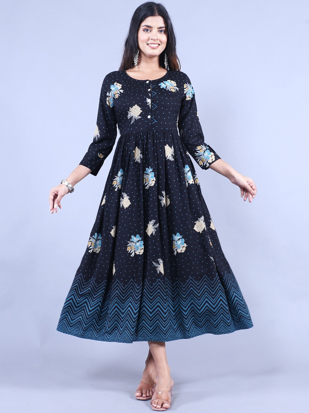 

HERE&NOW Farishta Export Women Floral Printed & Polka Dotted Midi Ethnic Dress, Black