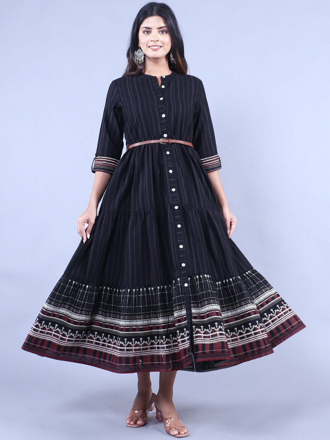 

HERE&NOW Women Striped Gown Ethnic Maxi Dress With Belt, Black
