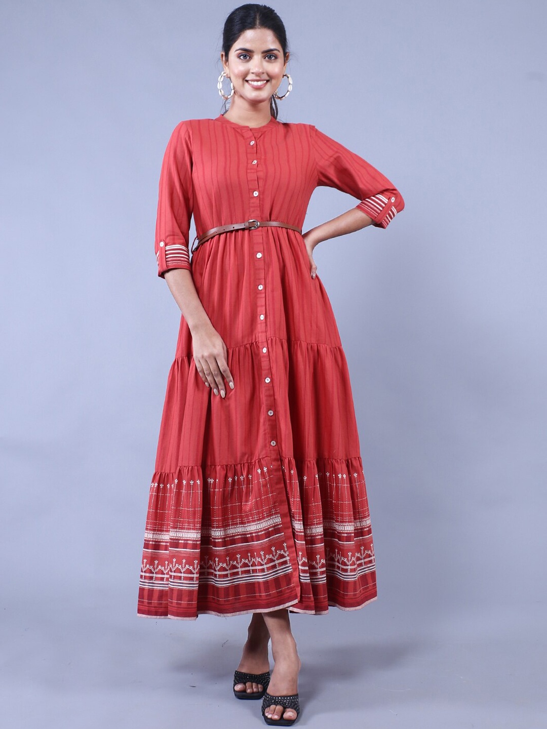 

HERE&NOW Striped Gown Ethnic Maxi Dress With Belt, Red