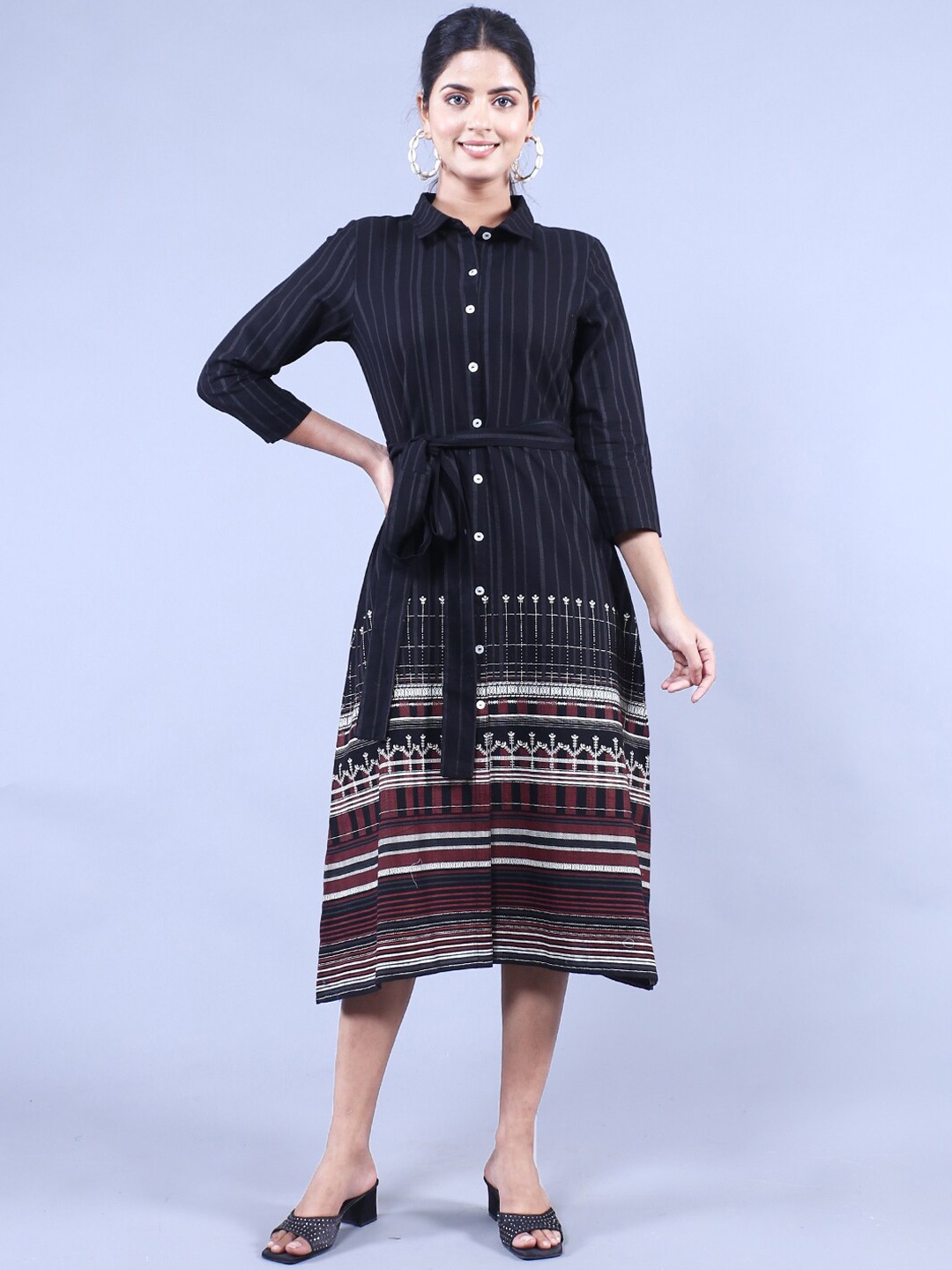 

HERE&NOW FARISHTA EXPORT Strpied A-Line Ethnic Midi Dress, Black