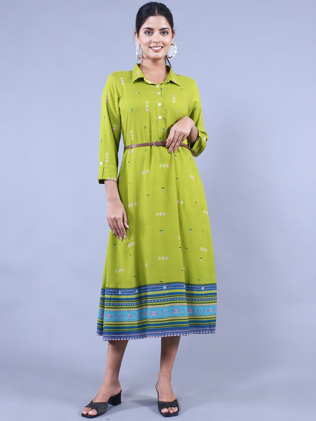 

HERE&NOW Printed Ethnic Midi Dresses, Lime green