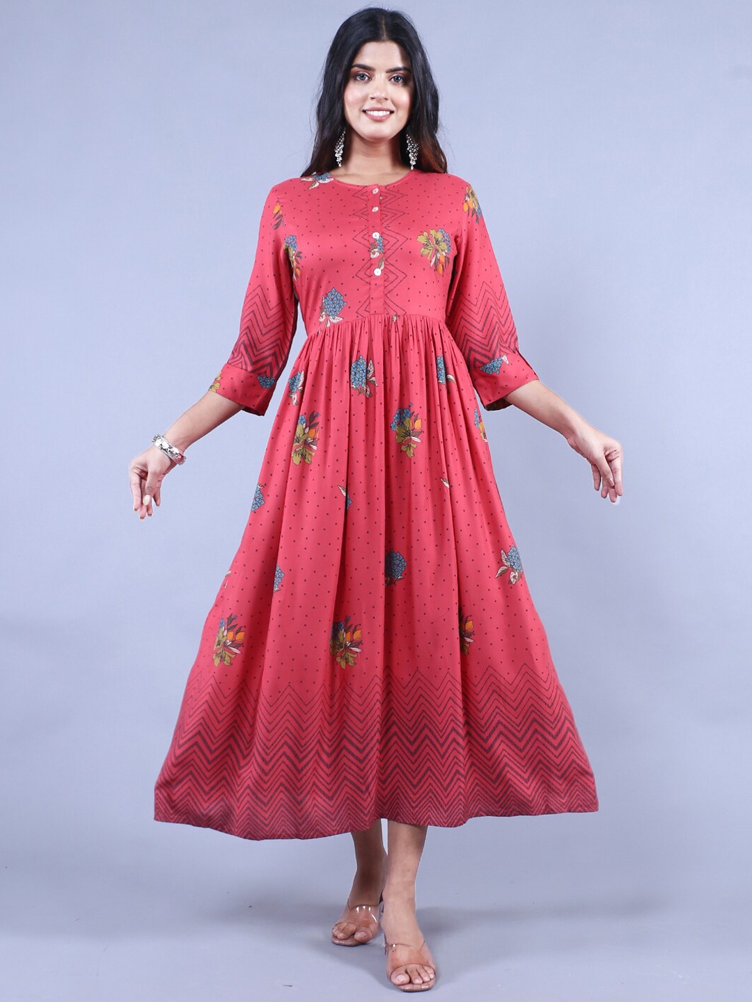 

HERE&NOW Floral Printed Ethnic Midi Dresses, Red