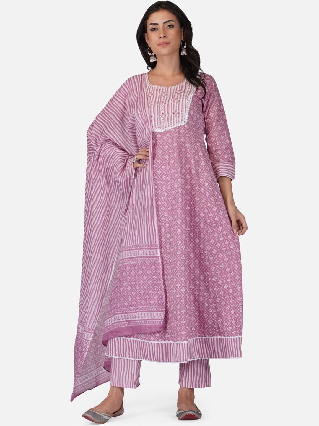 

Aarti Fashion Ethnic Motifs Printed Pure Cotton Kurta with Trousers & Dupatta, Lavender