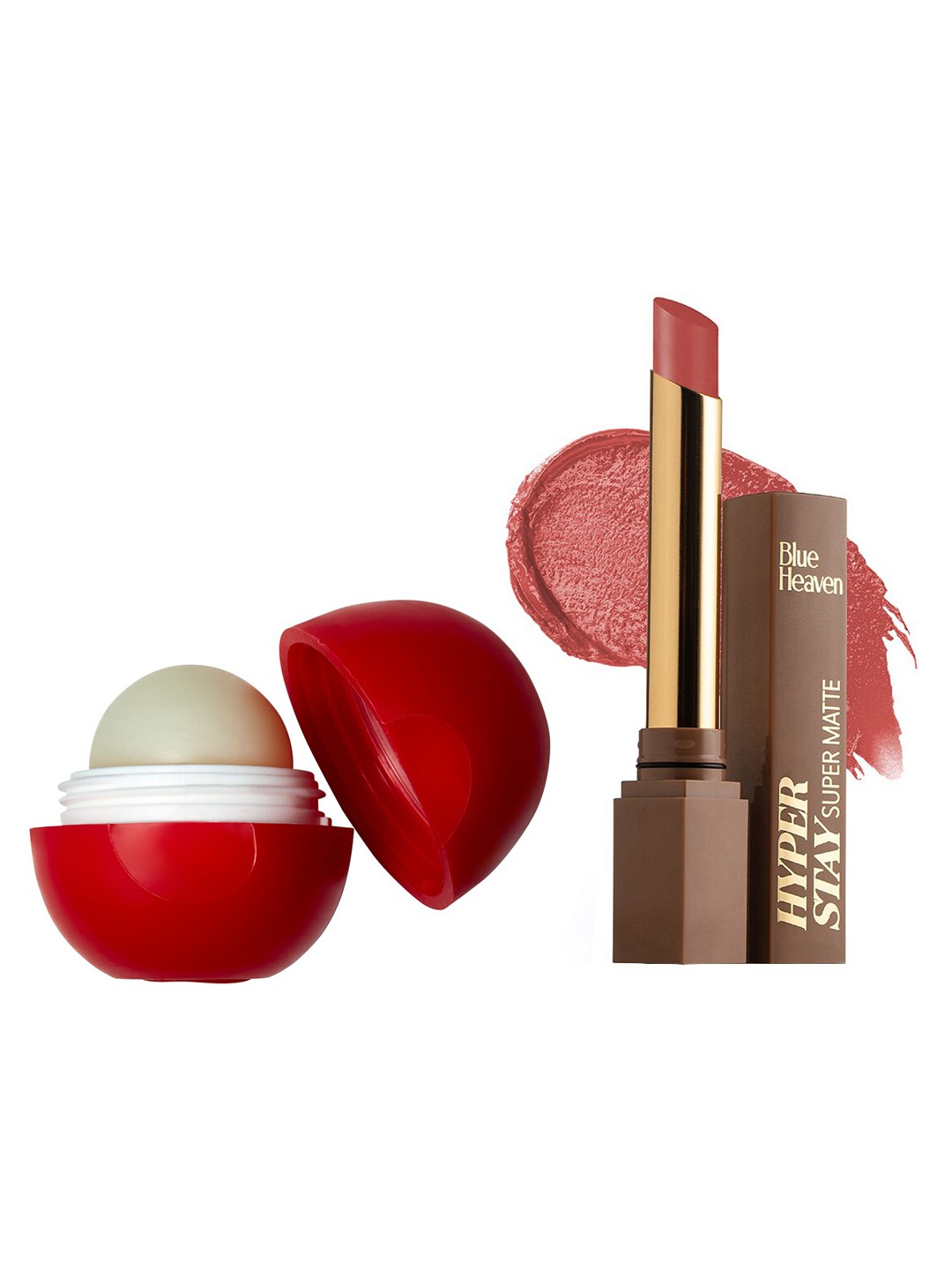 

Blue Heaven Set of Lip Bomb 8g-Strawberry + Hyperstay Super Lipstick 2.2g-Muted Rose 720, Brown