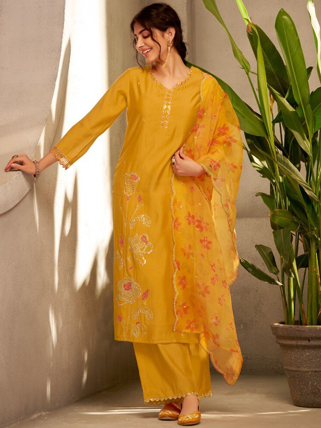 

AUTUMN LANE Women Floral Embroidered Sequinned Kurta with Palazzos & With Dupatta, Yellow