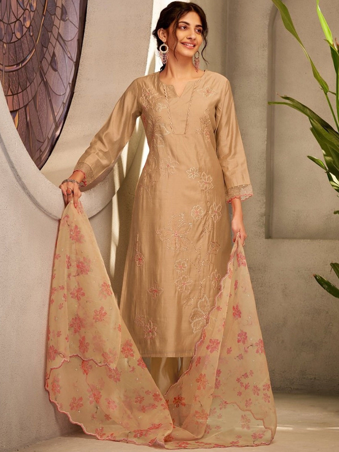 

AUTUMN LANE Women Floral Embroidered Sequinned Kurta with Trousers & With Dupatta, Beige