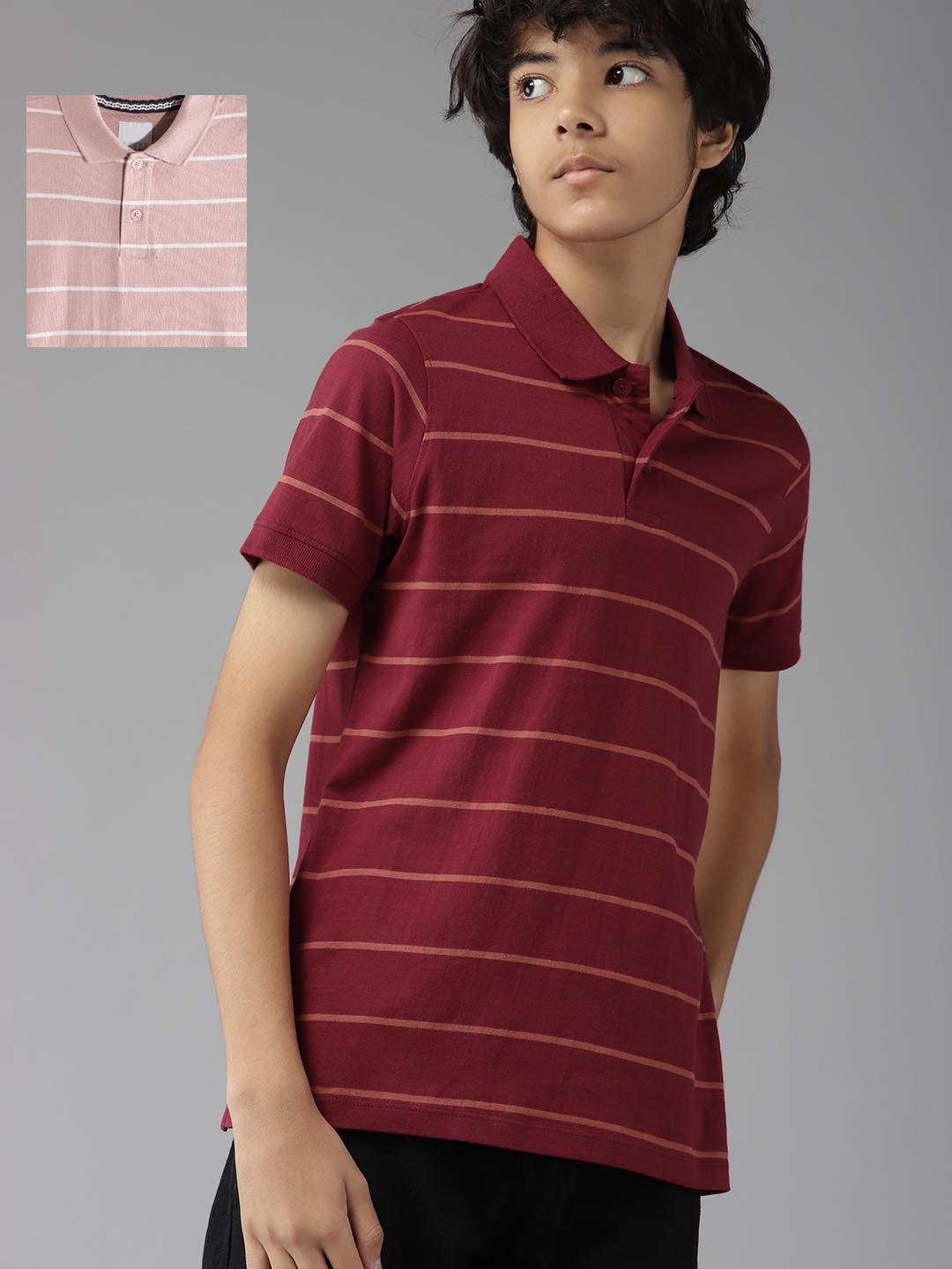 

UTH by Roadster Teen Boys Pack of 2 Pure Cotton Striped Polo Collar T-shirts, Maroon