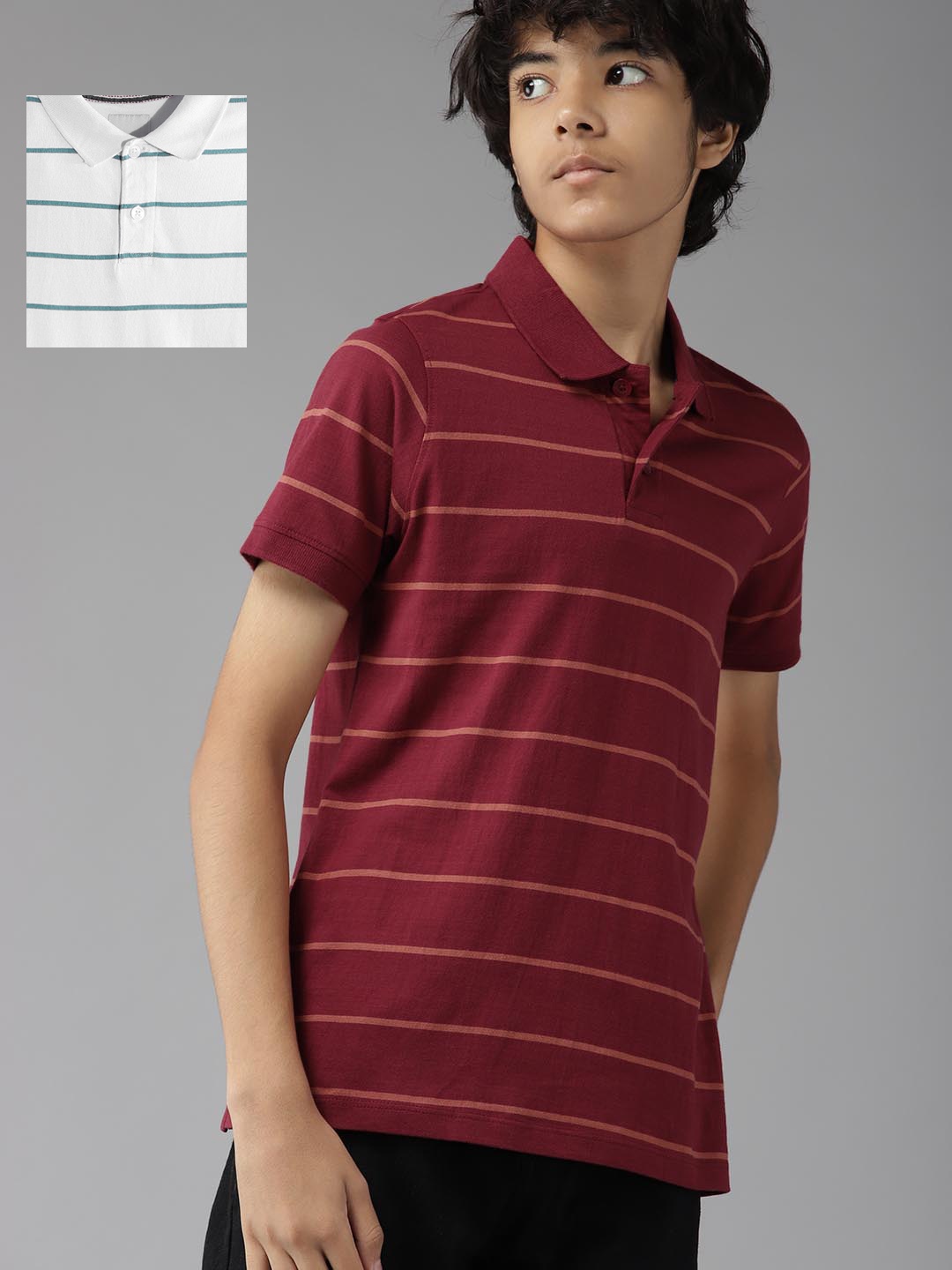 

UTH by Roadster Teen Boys Pack of 2 Pure Cotton Striped Polo Collar T-shirts, Maroon