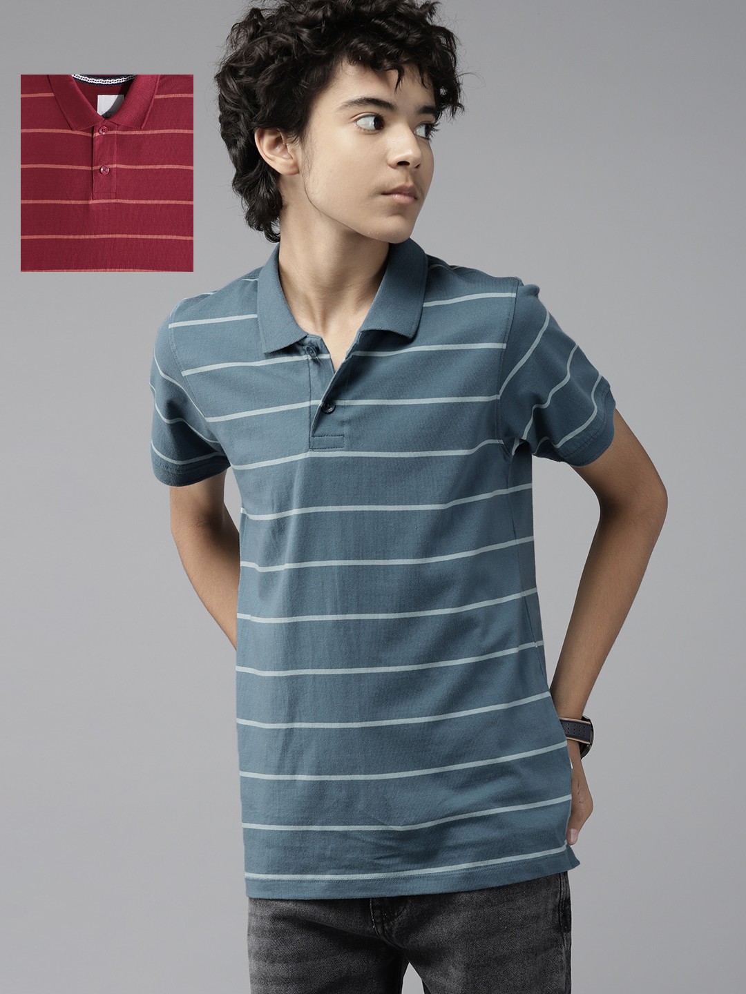 

UTH by Roadster Teen Boys Pack of 2 Pure Cotton Striped Polo Collar T-shirts, Teal