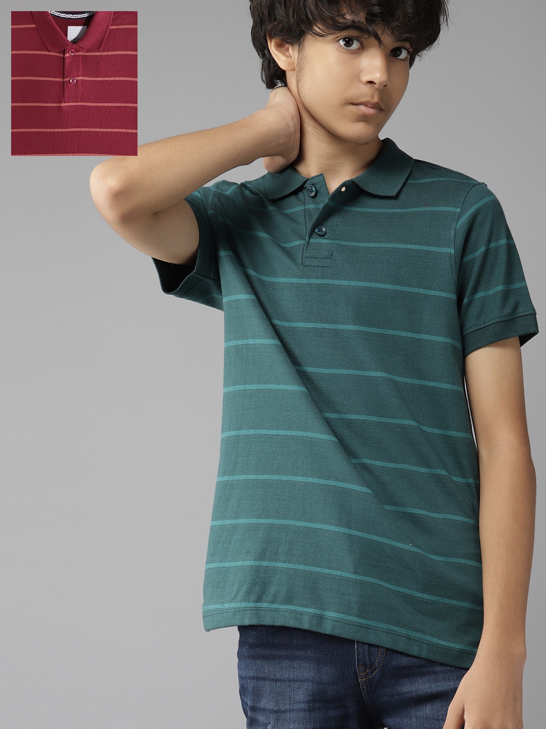 

UTH by Roadster Teen Boys Pack of 2 Pure Cotton Striped Polo Collar T-shirts, Teal