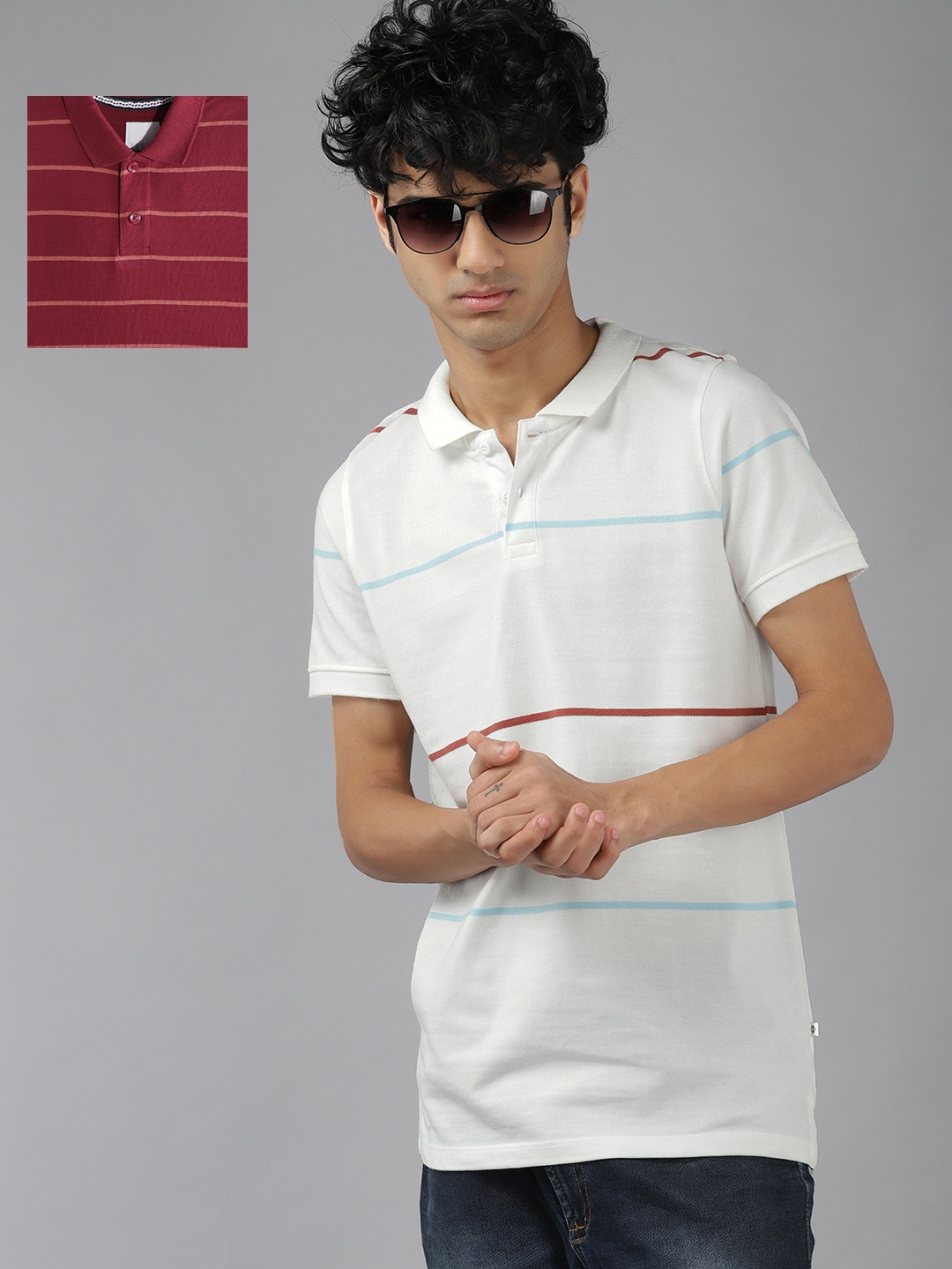 

UTH by Roadster Teen Boys Pack of 2 Pure Cotton Striped Polo Collar T-shirts, White