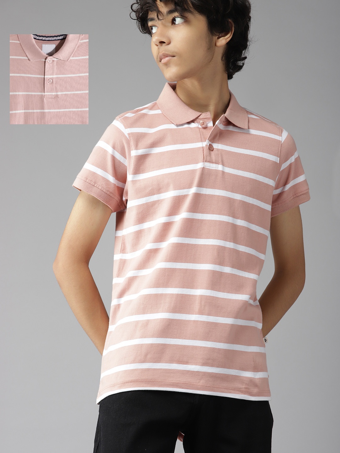 

UTH by Roadster Teen Boys Pack of 2 Pure Cotton Striped Polo Collar T-shirts, Rose