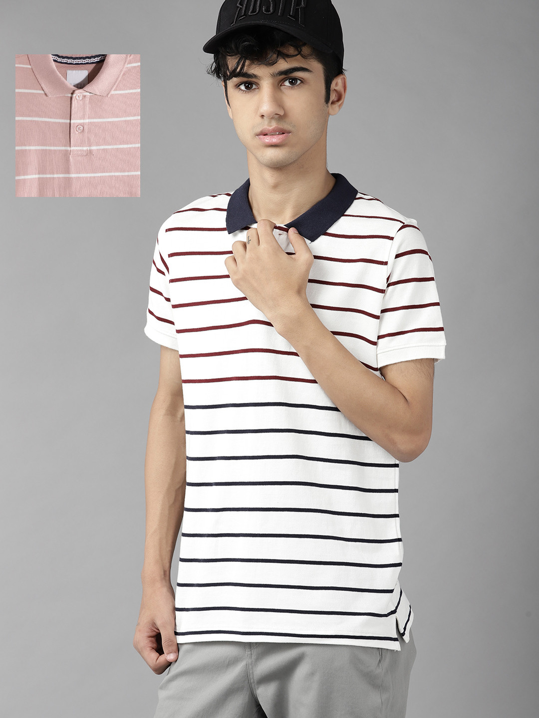 

UTH by Roadster Teen Boys Pack of 2 Pure Cotton Striped Polo Collar T-shirts, Rose