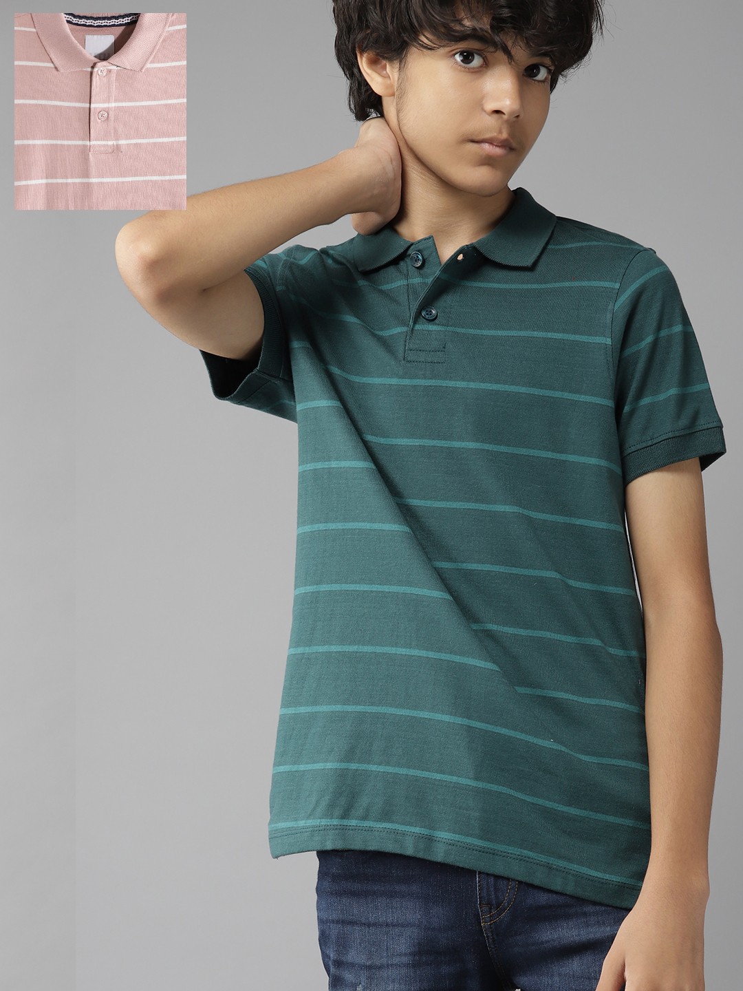 

UTH by Roadster Teen Boys Pack of 2 Pure Cotton Striped Polo Collar T-shirts, Teal