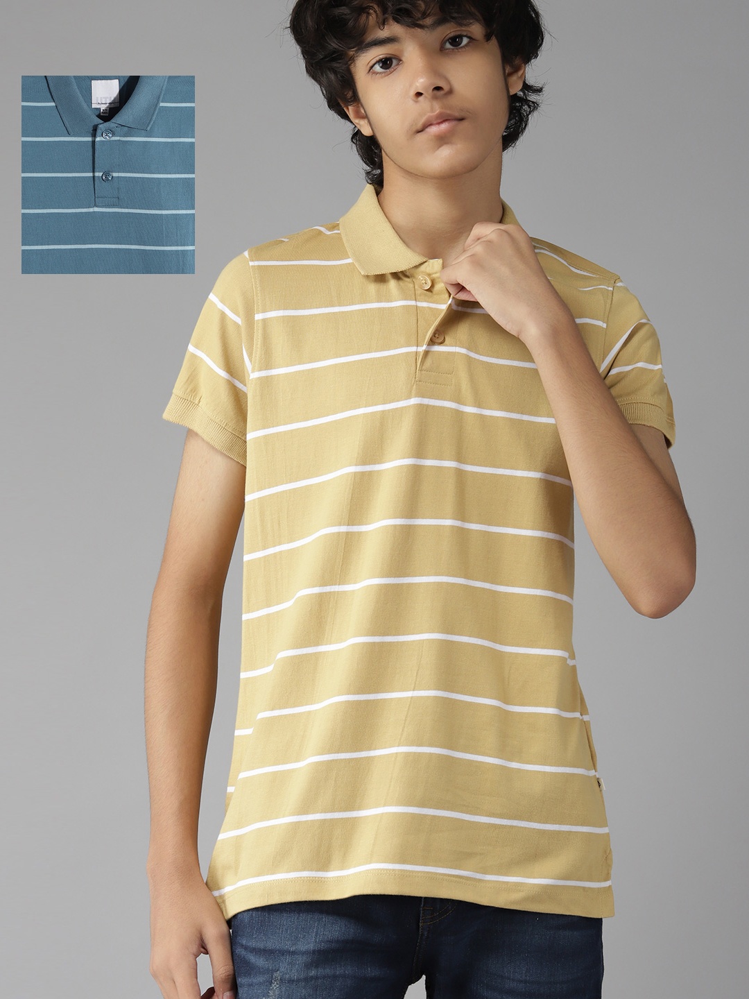 

UTH by Roadster Teen Boys Pack of 2 Pure Cotton Striped Polo Collar T-shirts, Teal