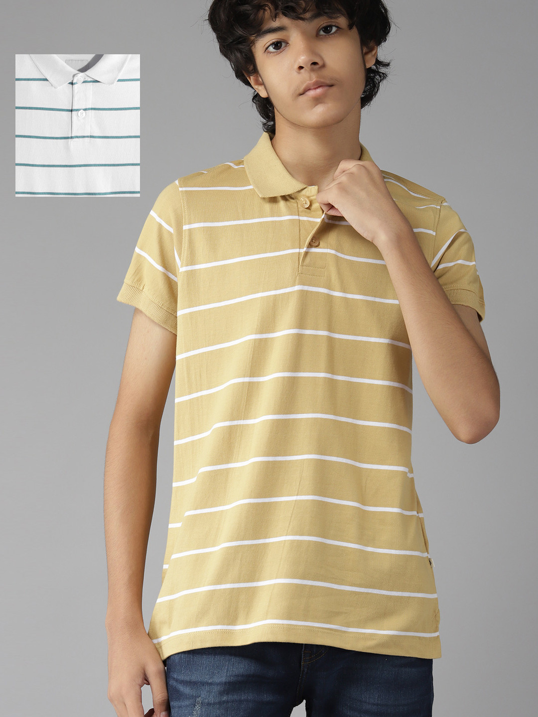 

UTH by Roadster Teen Boys Pack of 2 Pure Cotton Striped Polo Collar T-shirts, Beige