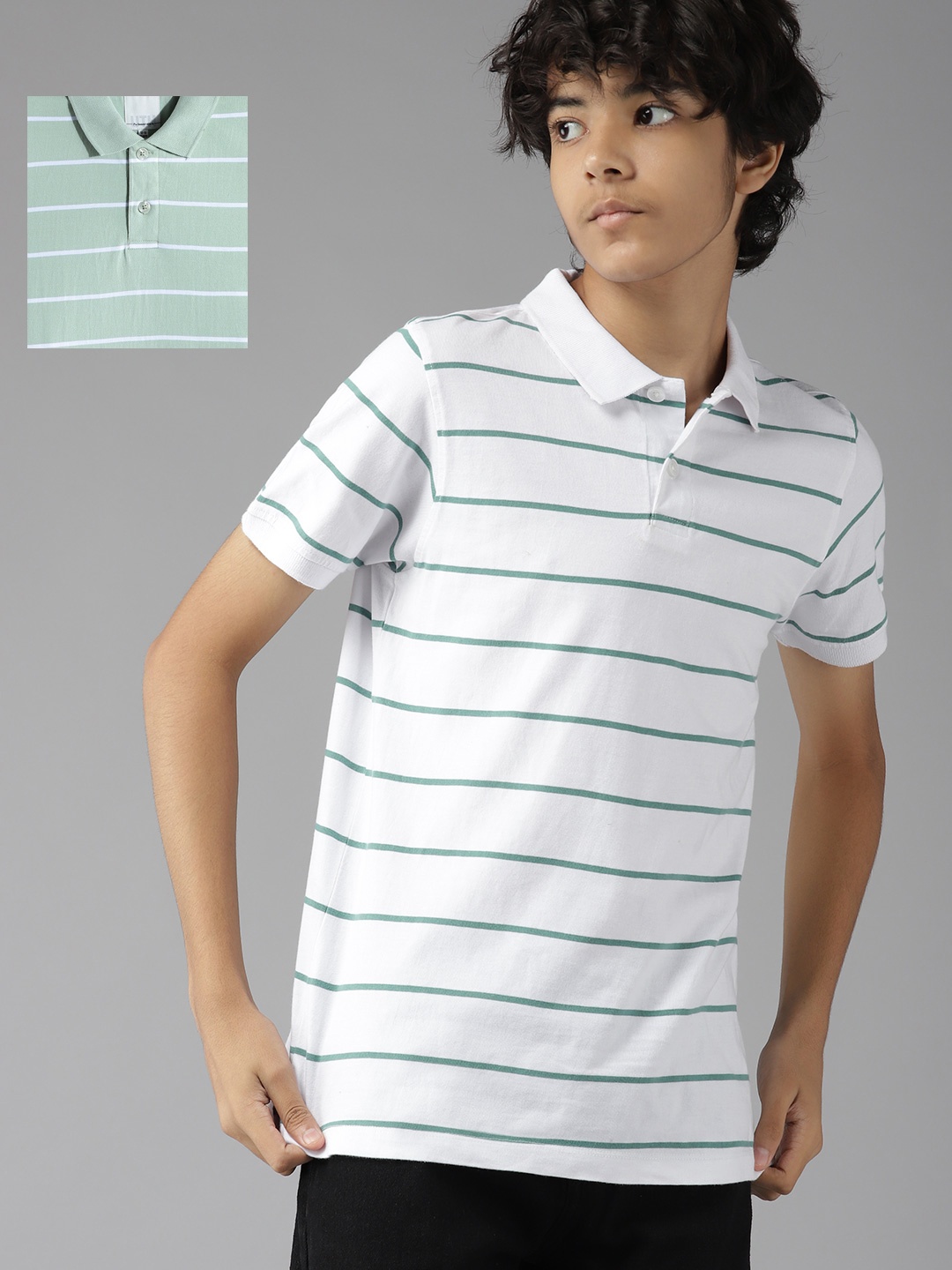 

UTH by Roadster Teen Boys Pack of 2 Striped Pure Cotton Polo T-Shirts, Green