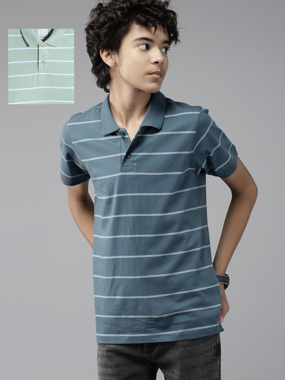 

UTH by Roadster Teen Boys Pack of 2 Striped Pure Cotton Polo T-Shirts, Green