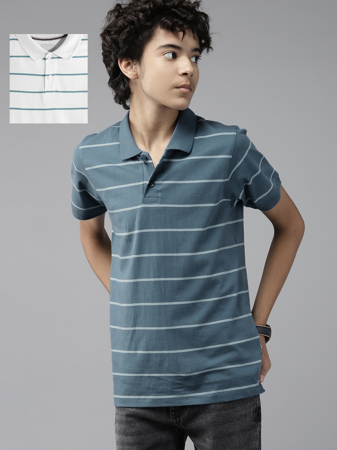 

UTH by Roadster Teen Boys Pack of 2 Striped Pure Cotton Polo T-Shirts, Blue
