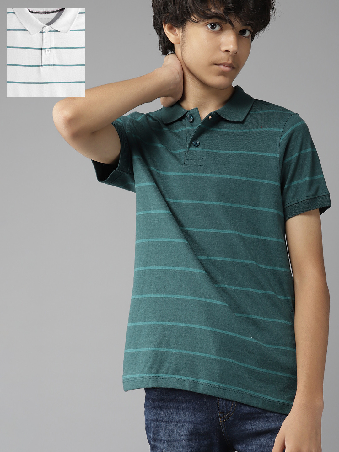 

UTH by Roadster Teen Boys Pack of 2 Striped Pure Cotton Polo T-Shirts, Green