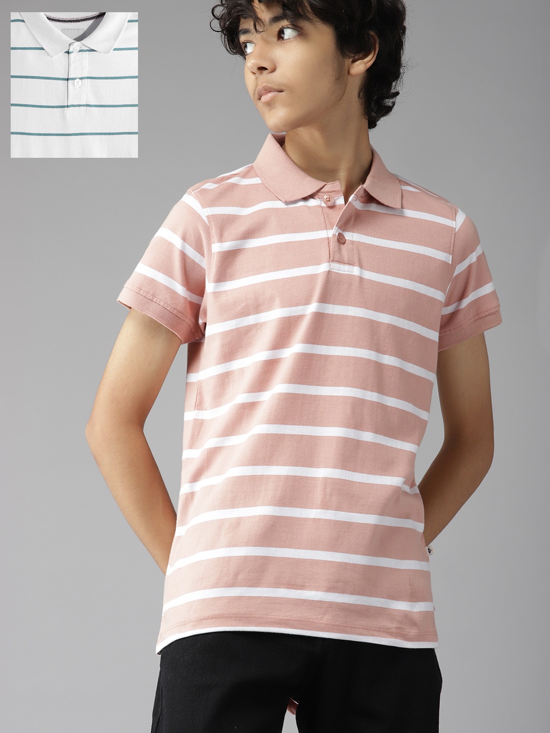 

UTH by Roadster Teen Boys Pack of 2 Striped Pure Cotton Polo T-Shirts, Peach