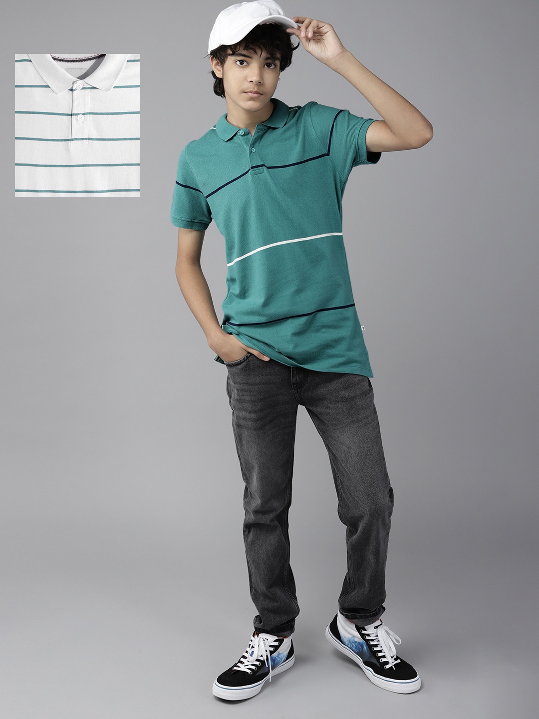 

UTH by Roadster Teen Boys Pack of 2 Striped Pure Cotton Polo T-Shirts, Teal
