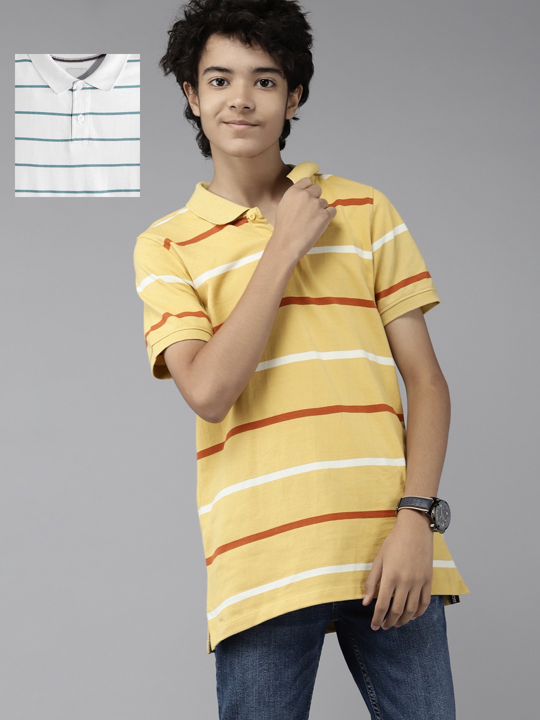 

UTH by Roadster Teen Boys Pack of 2 Striped Pure Cotton Polo T-Shirts, Yellow