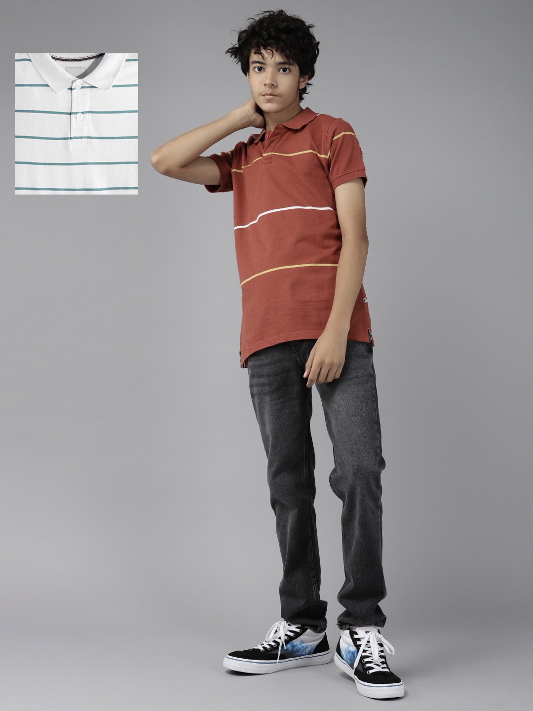 

UTH by Roadster Teen Boys Pack of 2 Striped Pure Cotton Polo T-Shirts, Rust