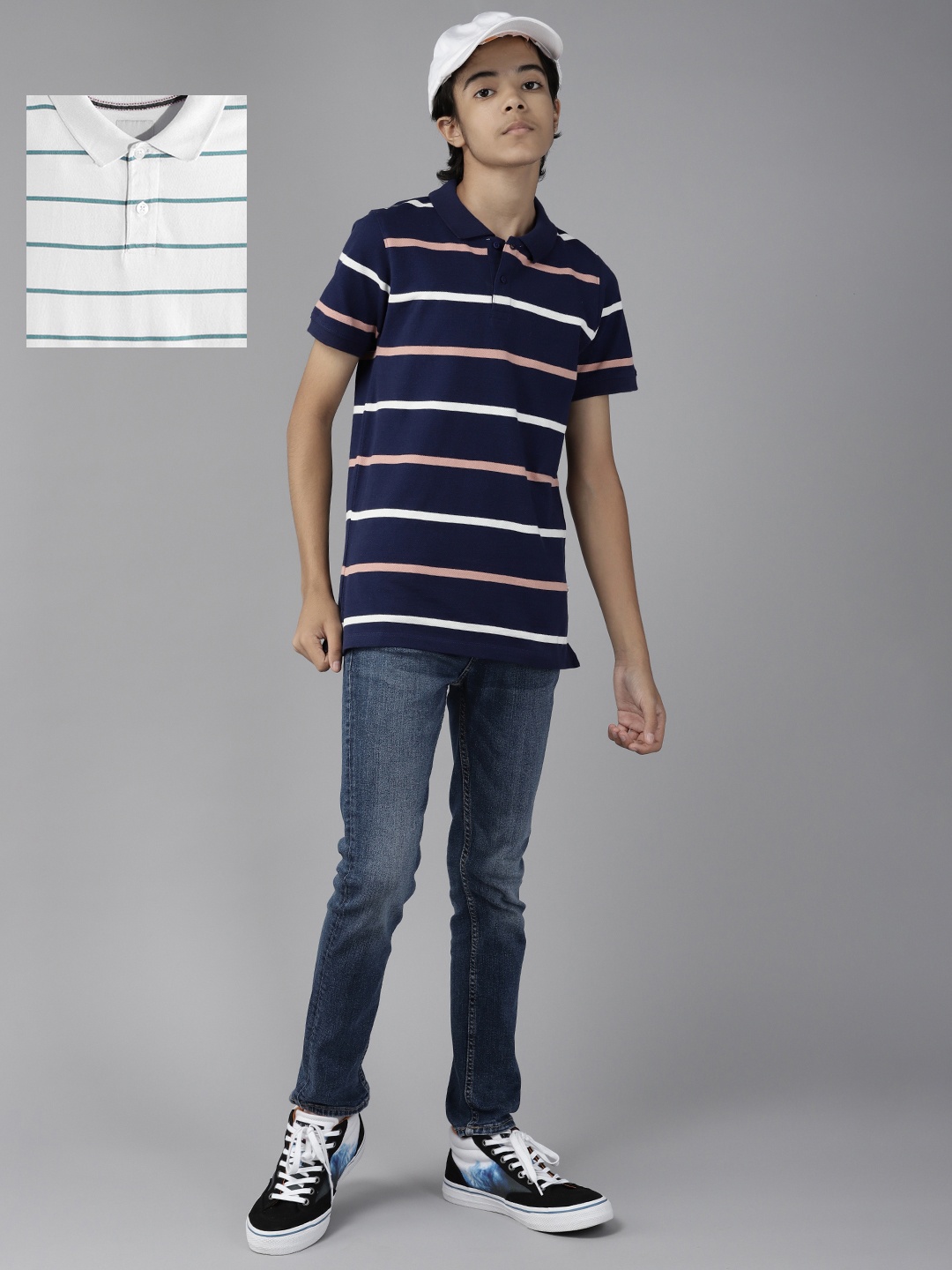 

UTH by Roadster Teen Boys Pack of 2 Striped Pure Cotton Polo T-Shirts, Blue