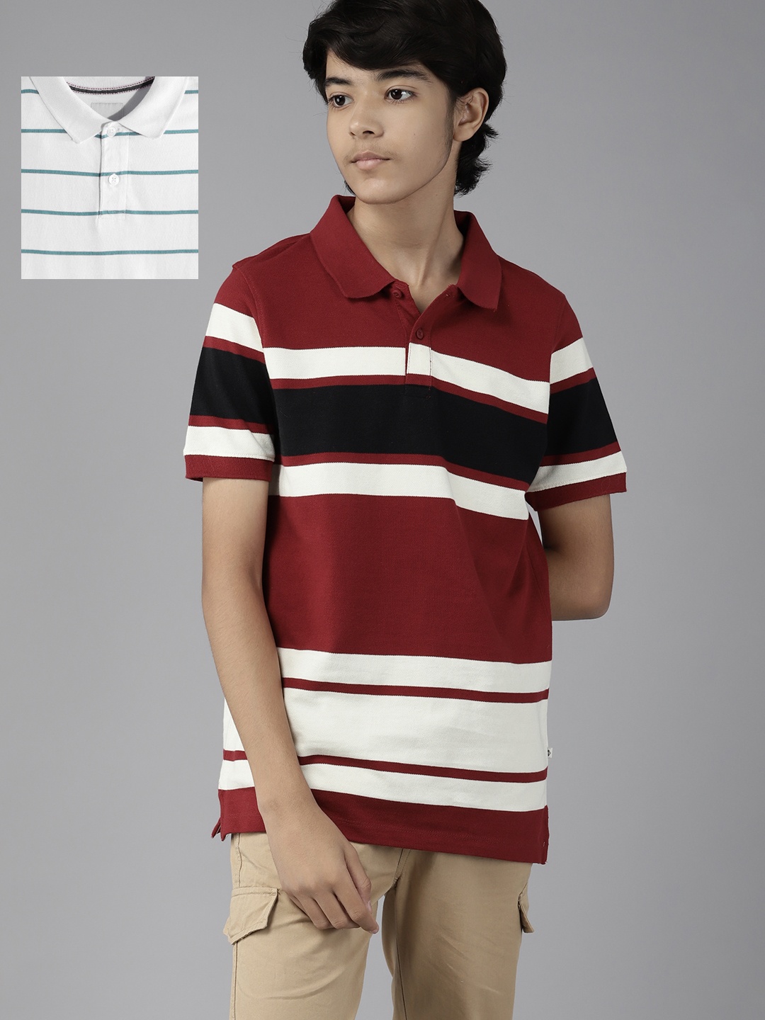 

UTH by Roadster Teen Boys Pack of 2 Striped Pure Cotton Polo T-Shirts, Maroon