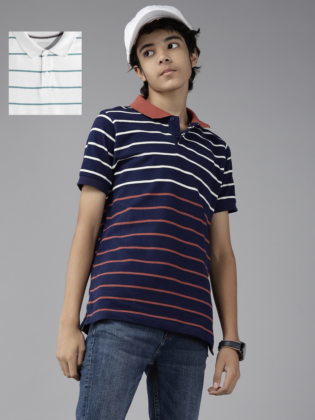 

UTH by Roadster Teen Boys Pack of 2 Striped Pure Cotton Polo T-Shirts, Navy blue