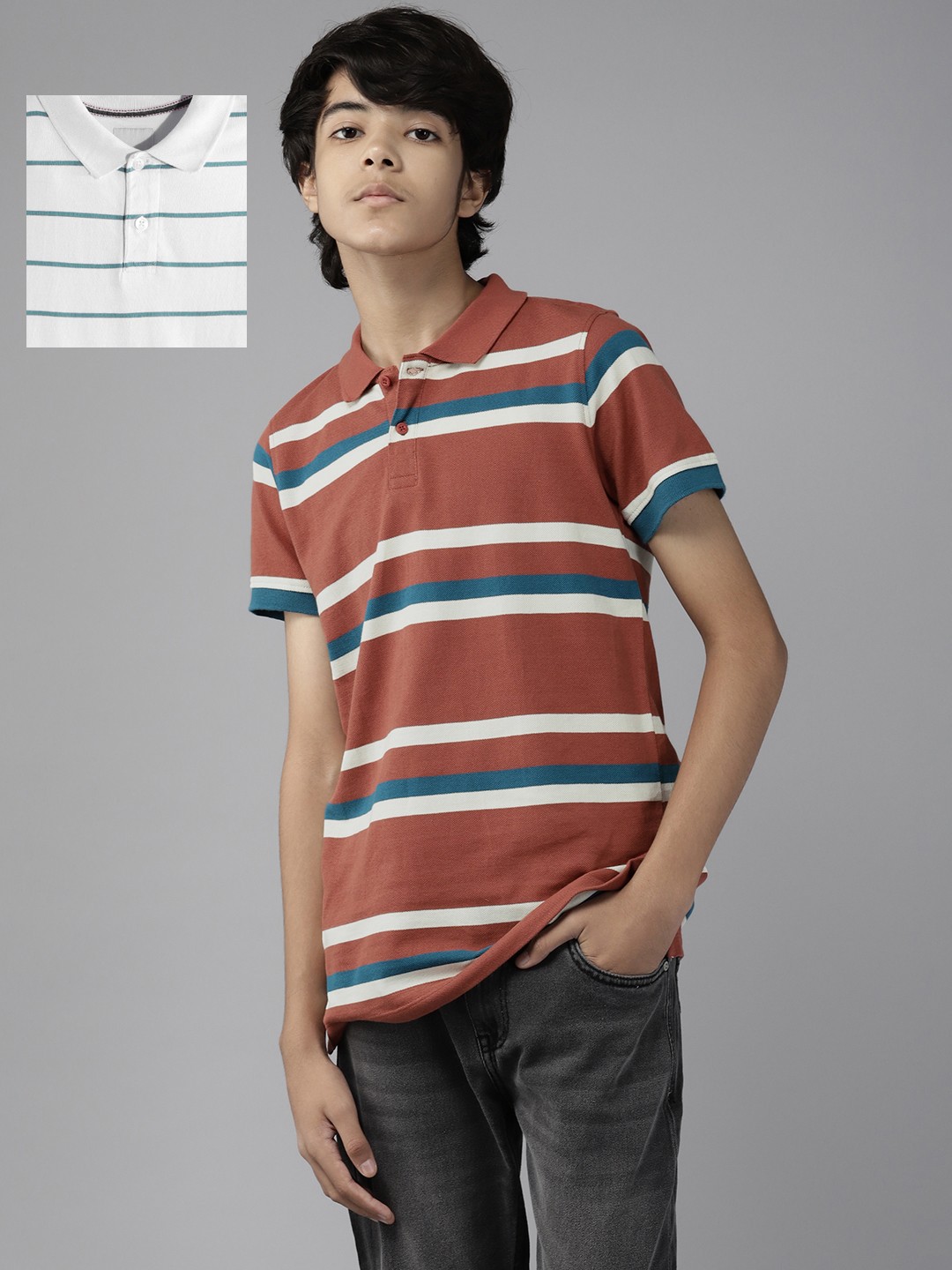 

UTH by Roadster Teen Boys Pack of 2 Striped Pure Cotton Polo T-Shirts, Rust