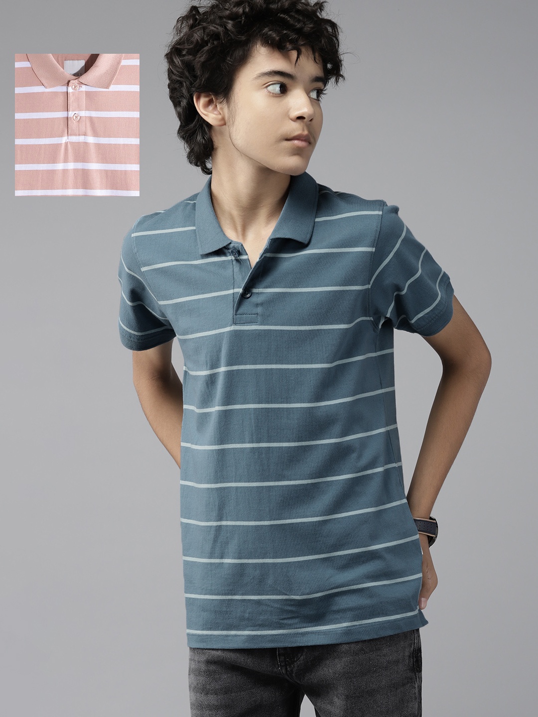 

UTH by Roadster Teen Boys Pack of 2 Striped Pure Cotton Polo T-Shirts, Blue