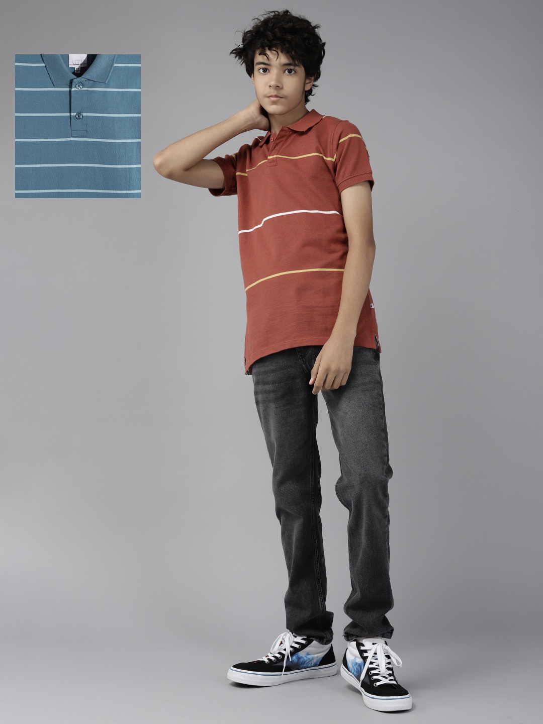 

UTH by Roadster Teen Boys Pack of 2 Striped Pure Cotton Polo T-Shirts, Rust