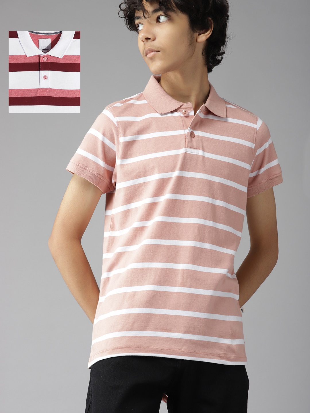 

UTH by Roadster Teen Boys Pack of 2 Striped Pure Cotton Polo T-Shirts, Peach